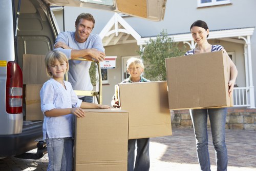 Packed office furniture and equipment ready for transport