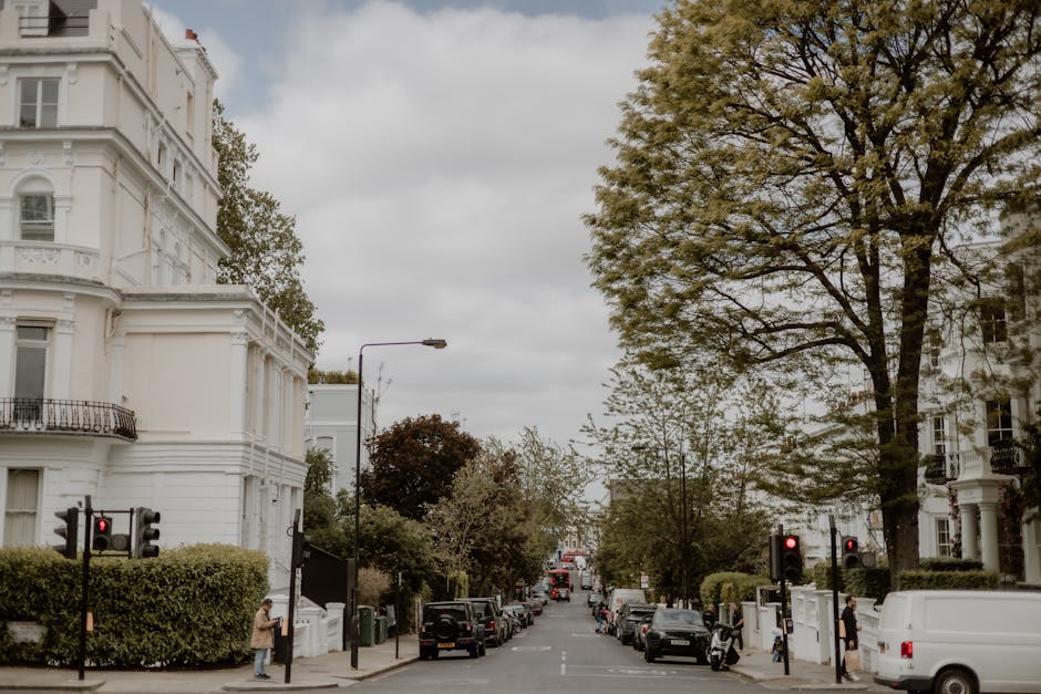 A paved footpath lined with large mature trees on either side extends towards a red brick residential building in the distance, with the building featuring multiple windows and ornate architectural de